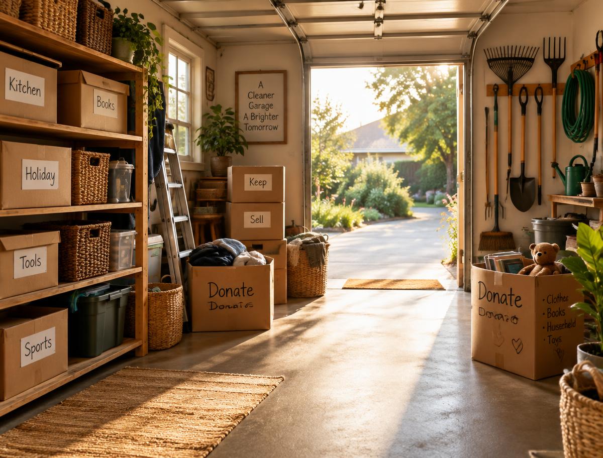 A garage mid clean-out, with tidy labeled boxes for keep, sell, and donate