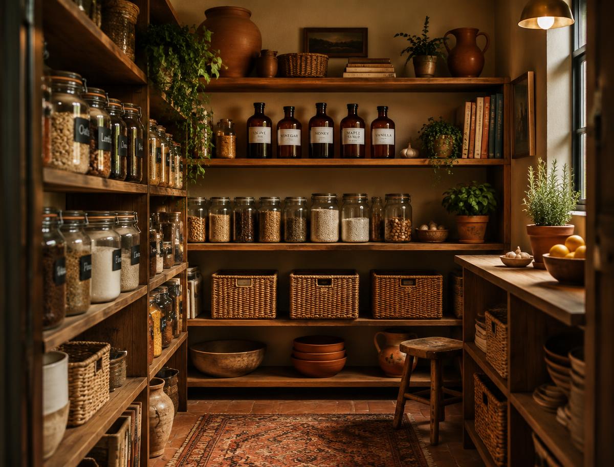 A warm, organized pantry with glass jars, woven baskets, and wooden shelves