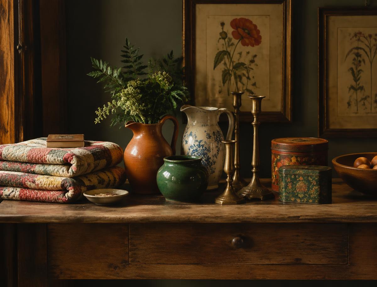 Vintage household treasures styled on a wooden table — quilts, brass candlesticks, and ceramic pitchers